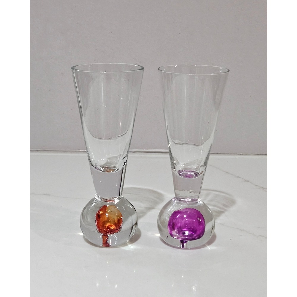 Vintage Bubble Base Shot Glasses Hand Blown Cordial Glass Set Purple Orange 2pc